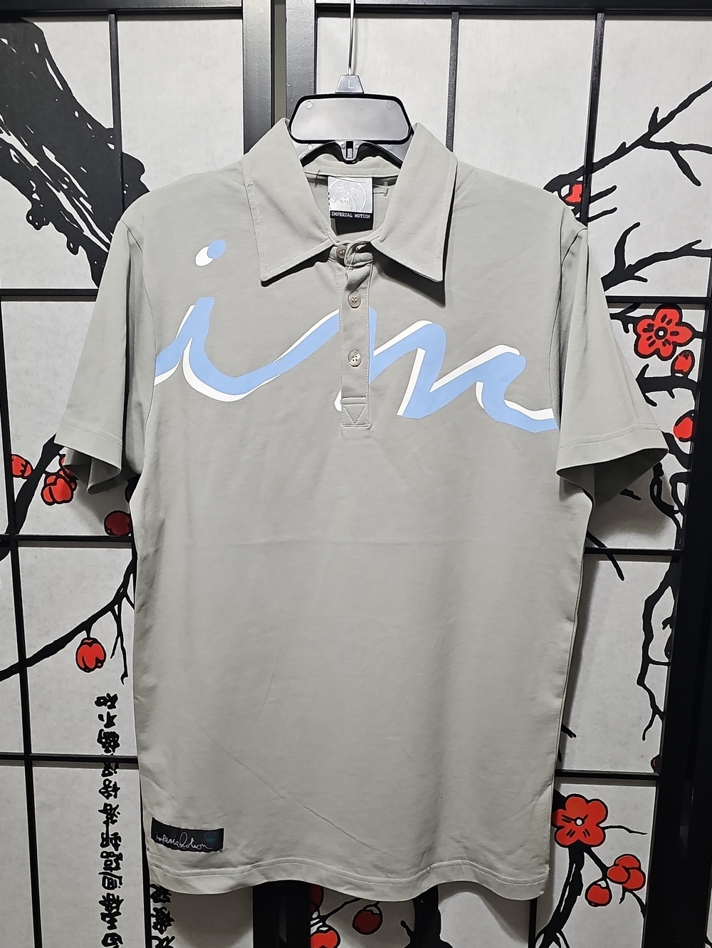 Imperial Motion Light Gray Polo Shirt with Blue Wave Detail Small New